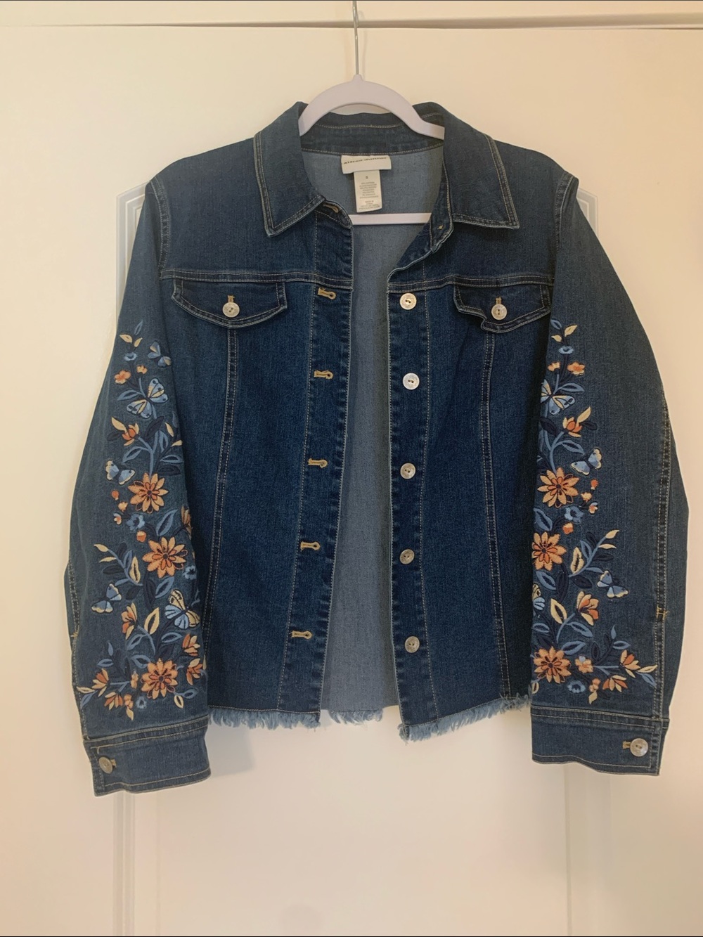 Alfred Dunner Dark Blue Denim Jacket with Embroidered Floral Sleeves